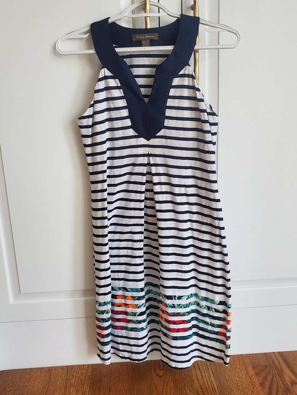 Tommy Bahama Navy & White Striped Women's Tank Dress with Floral Hem